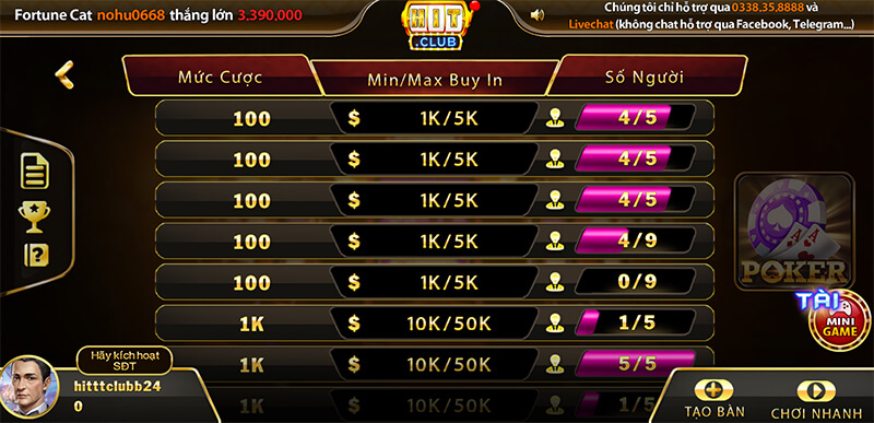 Phòng chơi poker hitclub luôn có nhiều mức cược đa dạng