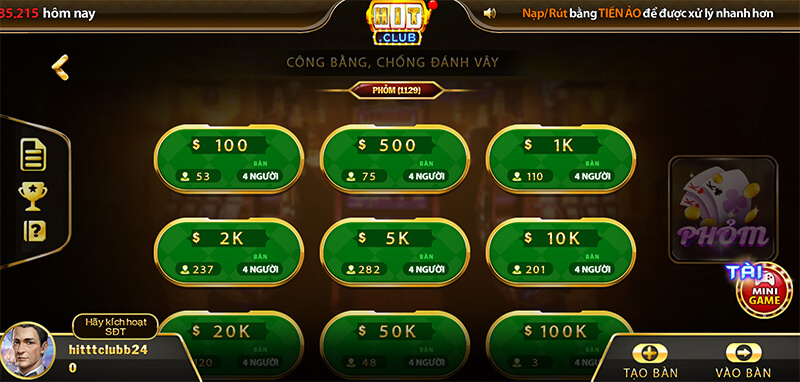 Phòng cược phỏm tá lả online tại hit club luôn có đa dạng mức cược